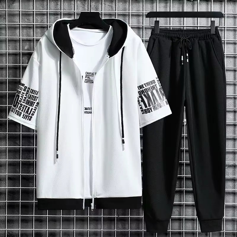 Men'S Sets Hooded Zipper Short Sleeve Tops+ Elastic Waist Trousers Men Clothing Two Piece Set Korean Streetwear Tracksuit Men