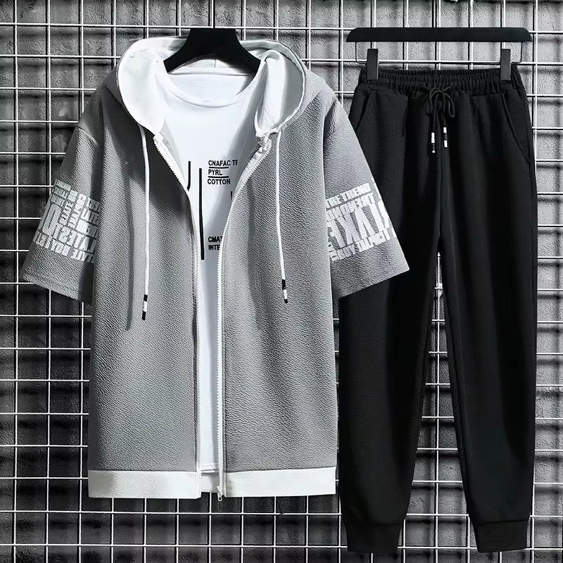 Men'S Sets Hooded Zipper Short Sleeve Tops+ Elastic Waist Trousers Men Clothing Two Piece Set Korean Streetwear Tracksuit Men