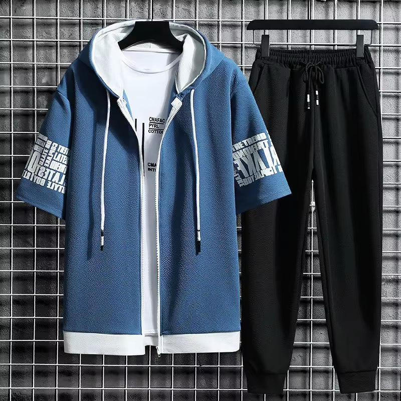 Men'S Sets Hooded Zipper Short Sleeve Tops+ Elastic Waist Trousers Men Clothing Two Piece Set Korean Streetwear Tracksuit Men