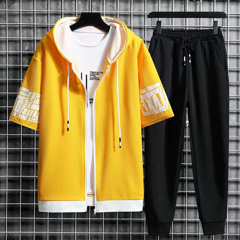 Men'S Sets Hooded Zipper Short Sleeve Tops+ Elastic Waist Trousers Men Clothing Two Piece Set Korean Streetwear Tracksuit Men