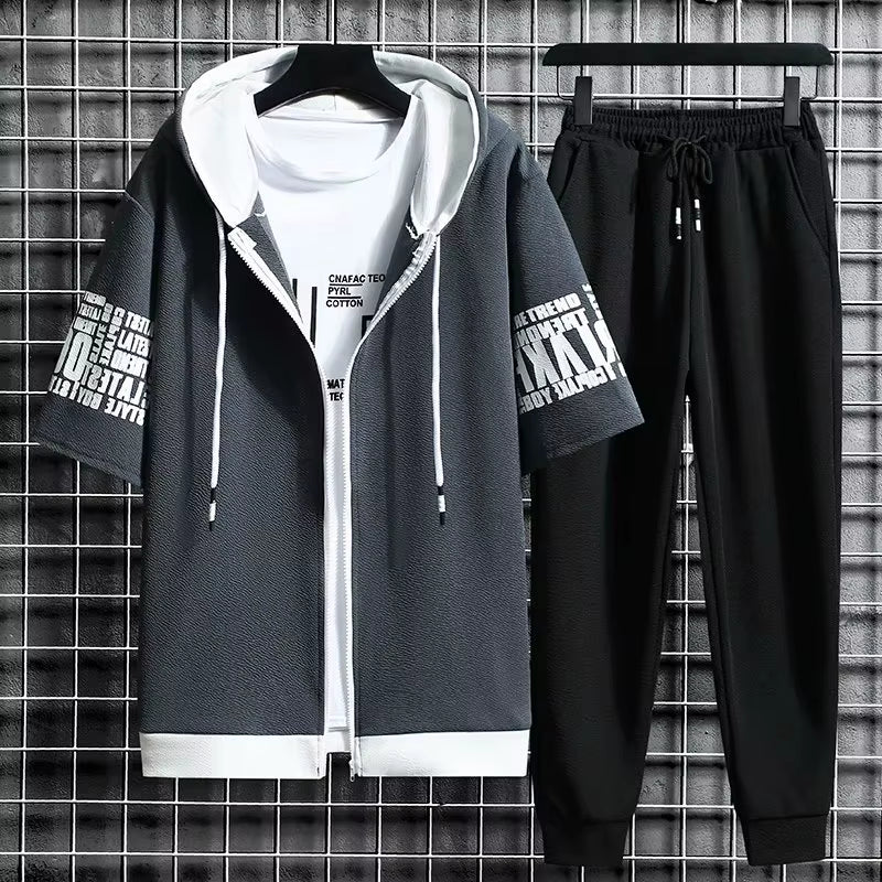 Men'S Sets Hooded Zipper Short Sleeve Tops+ Elastic Waist Trousers Men Clothing Two Piece Set Korean Streetwear Tracksuit Men